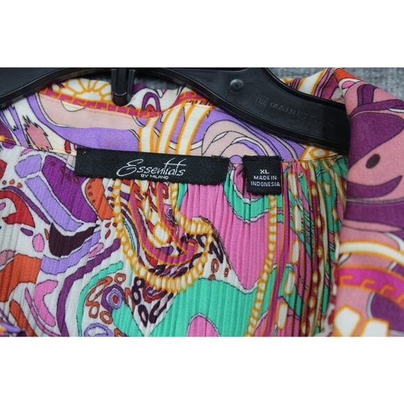 Essential By Milano XL Button Shirt Crinkle Paisley Bell Sleeve Colorful Artsy - Picture 3 of 6